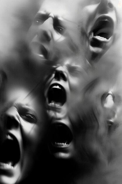 Photo abstract image of anguished faces overlapping in a haunting surreal composition