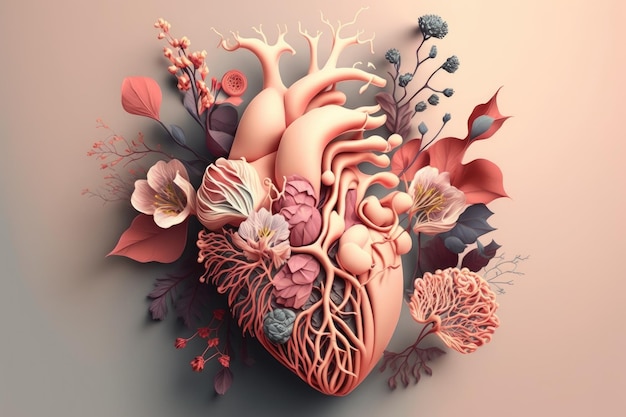 Abstract image of blush pink human heart with flowers