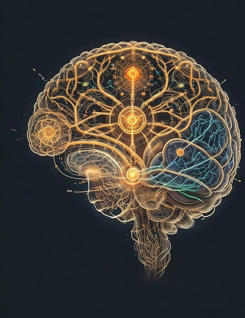 Abstract image of a brain Light illuminated schematic neural connections in patterns