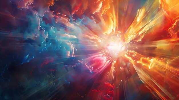 An abstract image of bright light bursting from the center with swirling clouds of color