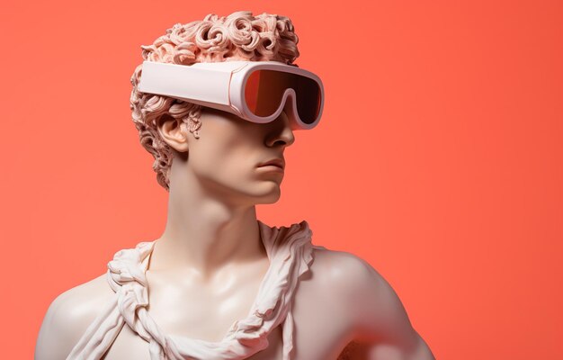 An abstract image of a classical sculpture with pink hair and virtual reality glasses