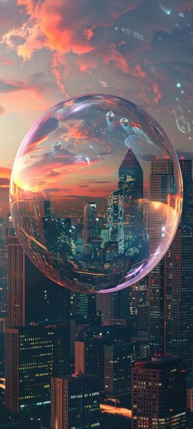 An abstract image depicting a giant bubble over a city skyline symbolizing the unsustainable growth before an economic bubble bursts