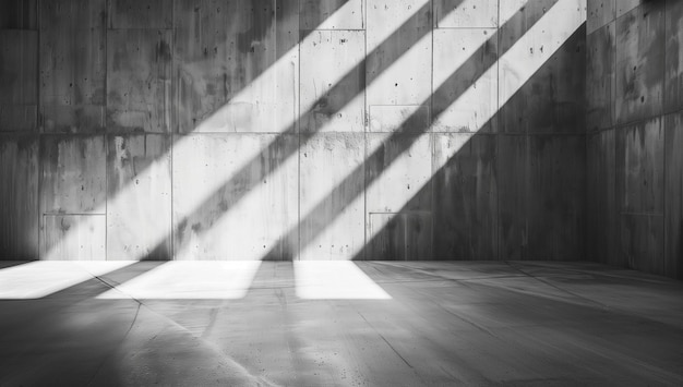 An abstract image of an empty concrete wall with striking light rays creating shadow patterns on the surface The wall has a smooth texture with visible lines and shapes