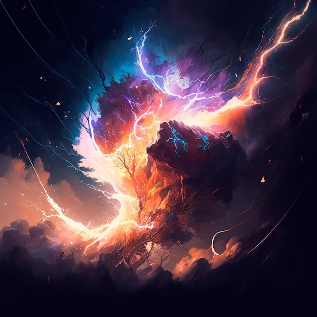 Abstract image of the energy of fire and lightning, which mix into something unified