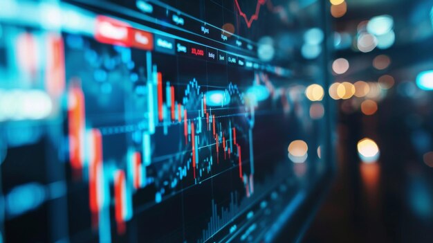 Abstract image of financial data and stock market analysis with colorful graphs and charts represent