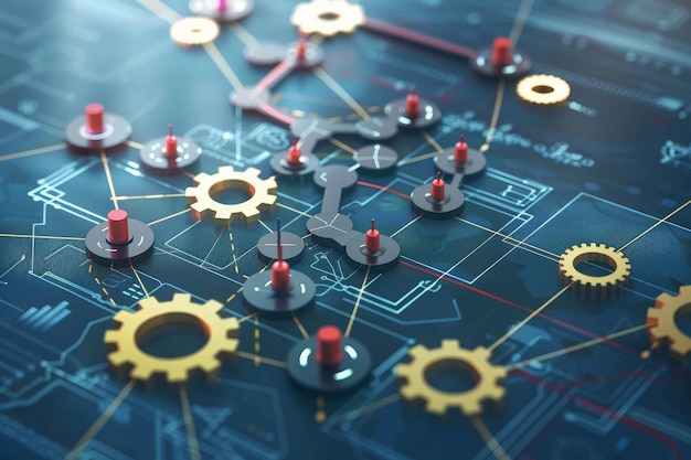 Abstract image of gears and switches on a digital backdrop Abstract representation of operational processes and workflow