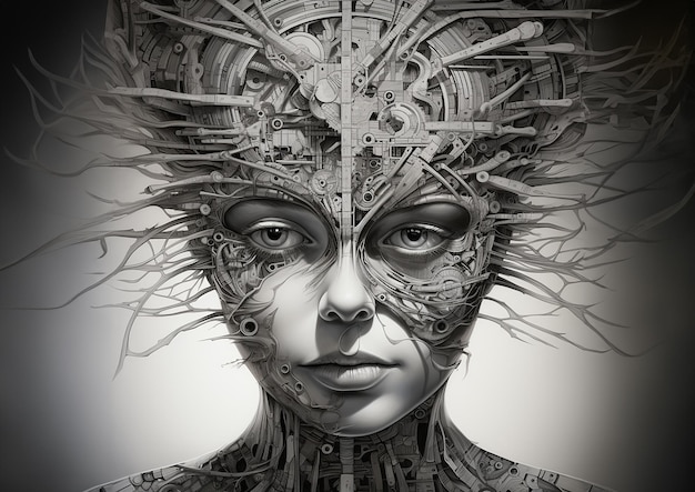 Abstract image of a girl with a complex mechanism in her head in detailed shades of grey