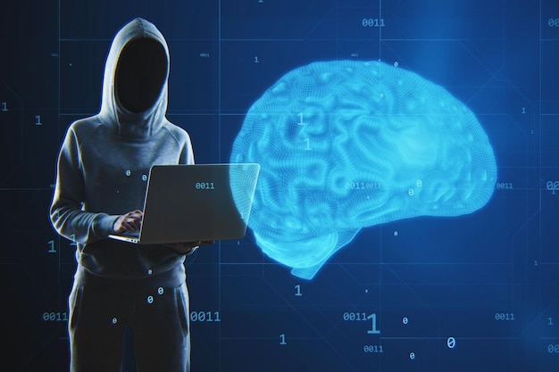 Abstract image of hacker with laptop and creative blue brain hologram on blurry background Neurology data hacking theft anatomy ai and machine learning concept