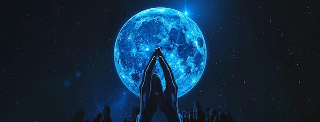 Abstract image of hands praying under a blue full moon with stars in a dark background