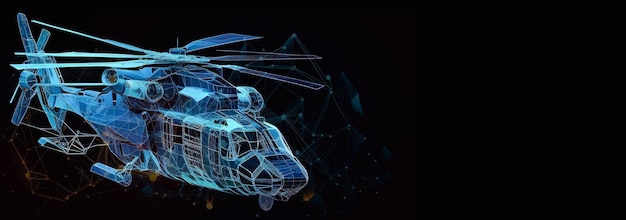 Abstract image of a helicopter in the form of a starry sky or space, consisting of points, lines, and shapes in the form of planets, stars and the universe. air transport. Generative AI