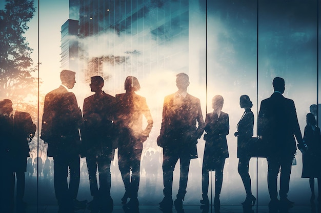 Abstract image of many business people together in group on background of city view with office building AI generative