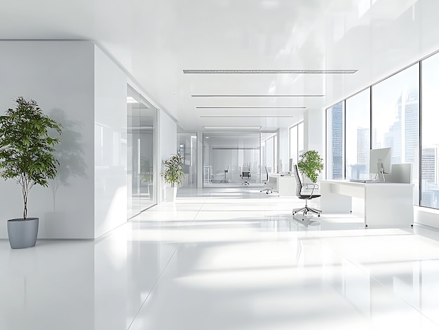 Abstract image of a marble countertop with a blurred modern office background featuring large windows and city views