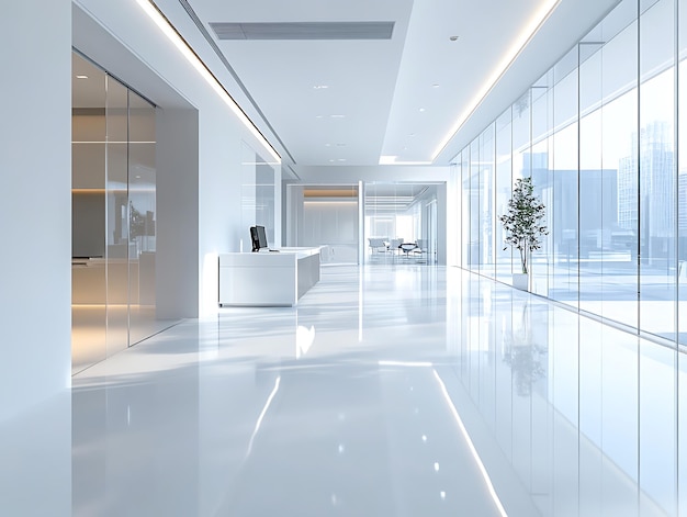 Abstract image of a marble countertop with a blurred modern office background featuring large windows and city views