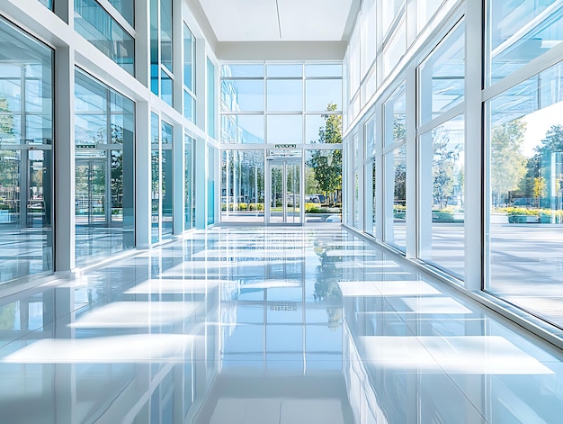 Abstract image of a marble countertop with a blurred modern office background featuring large windows and city views