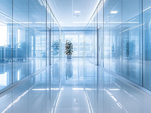 Abstract image of a marble countertop with a blurred modern office background featuring large windows and city views