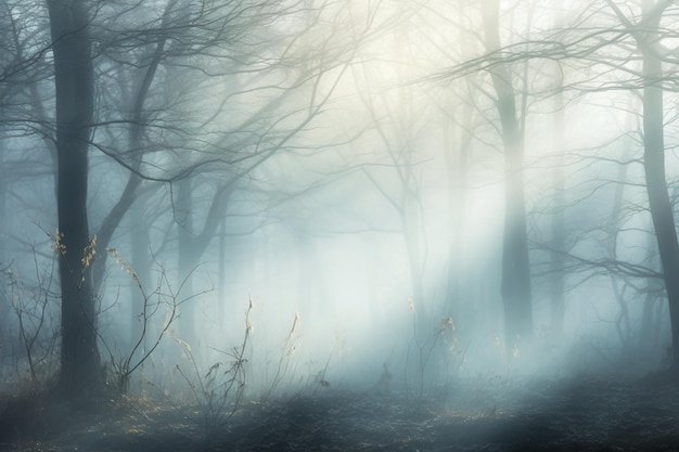 An abstract image of a misty forest where ethereal wisps of fog create a dreamlike and serene atmos