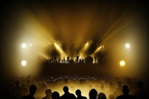 An abstract image of a music concert audience featuring blurred silhouettes of fans with outstretched arms and colorful stage lights in the background Generated by AI