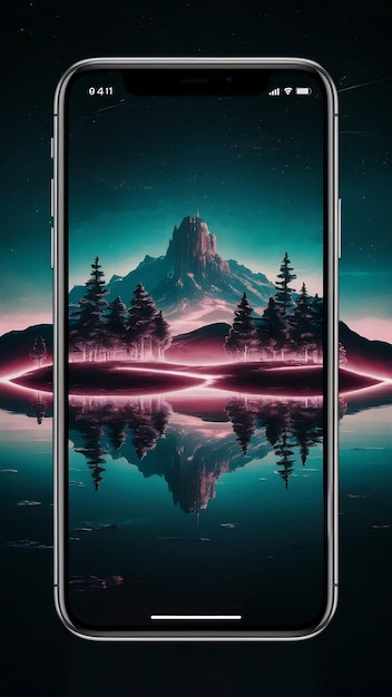 Photo abstract image of neon island landscape with mountns and trees over a smartphone display