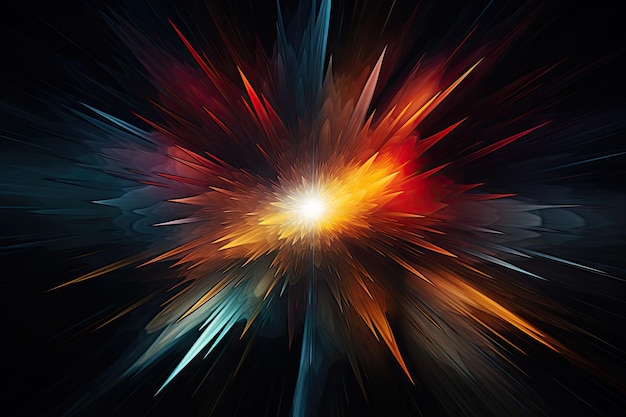 The abstract image showcases a deep dark background illuminated by vibrant rays emerging from the c