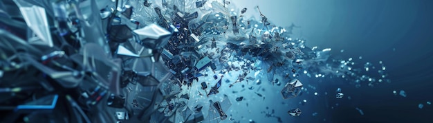 Abstract image showcasing a dynamic explosion of shattered glass pieces in midair against a cool dark gradient background