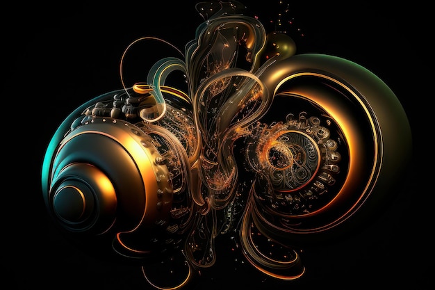 An abstract image of a spiraled octopus with gold and green colors.