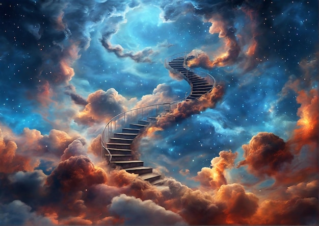 Abstract image of a staircase twisting into the sky merging with clouds and stars