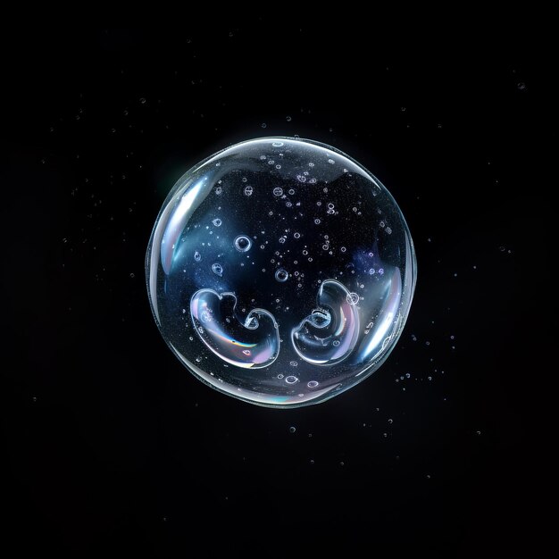 Photo abstract image of a transparent sphere with iridescent bubbles and a dark background