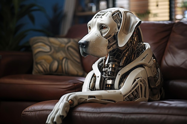 Abstract image of a white mechanical friend robot dog sitting in a leather sofa