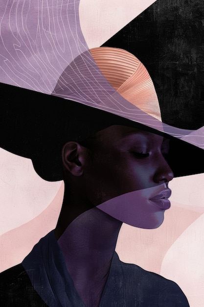 Photo abstract image of a woman in a large hat in muted pastels and deep blacks emphasizing modern style