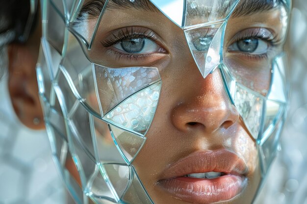 Photo an abstract image of a womans face fragmented in multiple small mirrors creating a kaleidoscopic effect on a light gray background