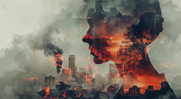 Abstract Image of a Womans Profile Merged with Fiery Urban Destruction and Smoky Skies