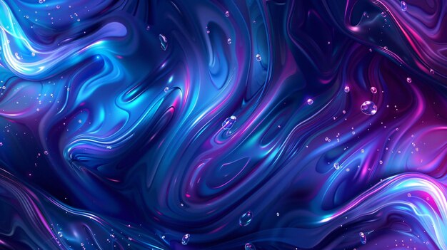 Abstract indigo gradient background featuring holographic liquid gloss with fluid shapes