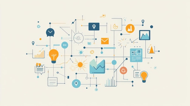 Abstract infographic representing data analysis and digital connectivity with charts and icons on a light background