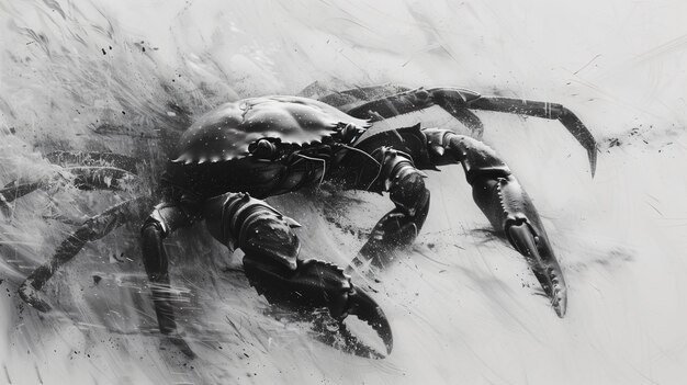 Abstract ink illustration of a crab black and white background