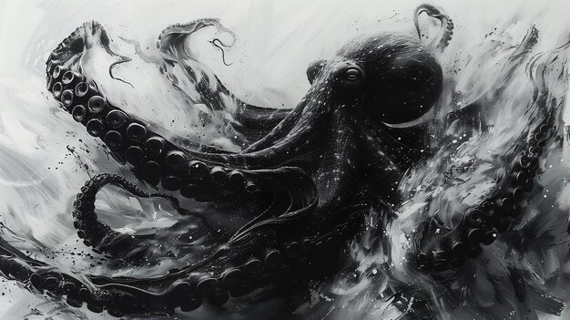 Abstract ink illustration of a octopus black and white background