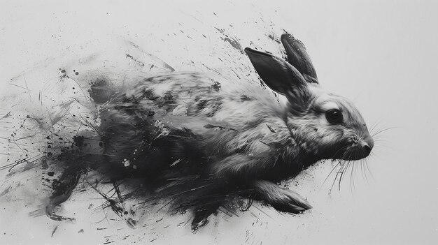 Photo abstract ink illustration of a rabbit black and white background