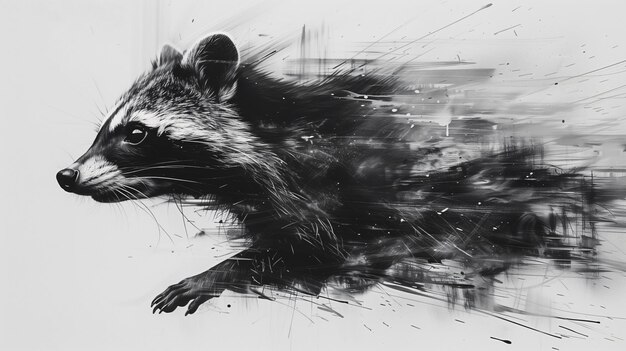 Abstract ink illustration of a raccoon black and white background