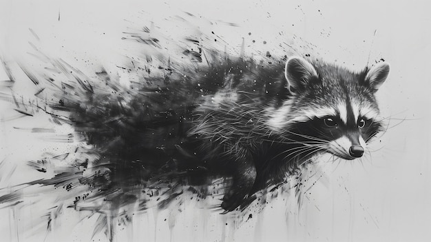 Abstract ink illustration of a raccoon black and white background