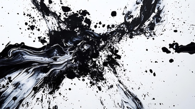 Photo abstract ink splash art dynamic black ink explosion on white canvaspainted grunge badge brush