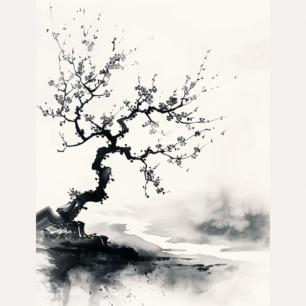 Photo abstract ink wash painting of a bare tree