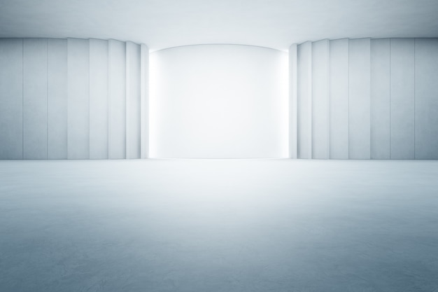 Abstract interior design of modern large showroom with empty gray concrete floor and white wall