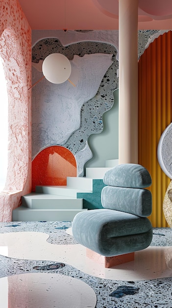 Abstract Interior Design with Colorful Walls and a Plush Chair