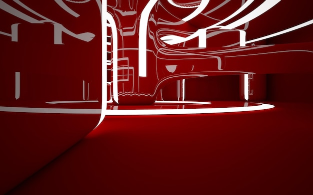 Abstract interior of the future in a minimalist style with red sculpture and water Night view Arc