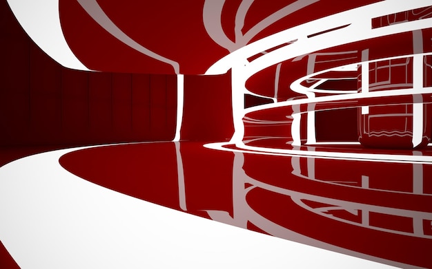 Abstract interior of the future in a minimalist style with red sculpture and water Night view Arc