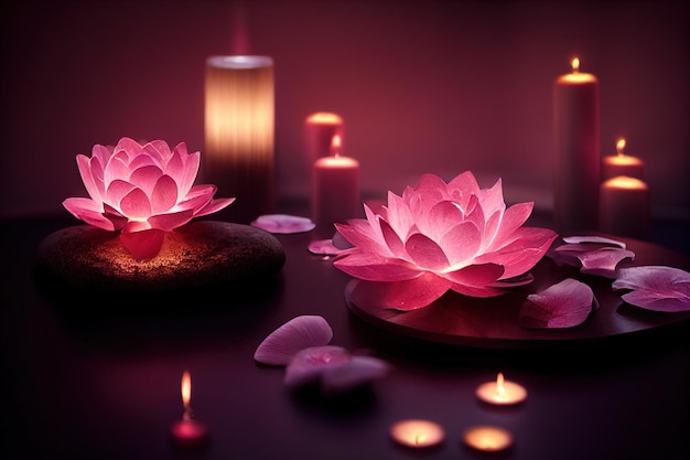 Abstract interior spa background with candles rose petals and lotuses 3D illustration Ai render