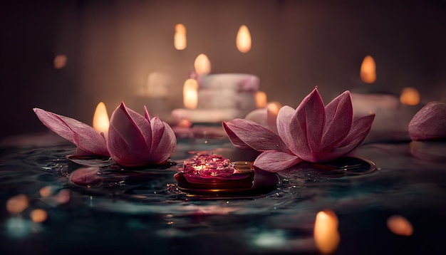 Abstract interior spa background with candles rose petals and lotuses 3D illustration Ai render