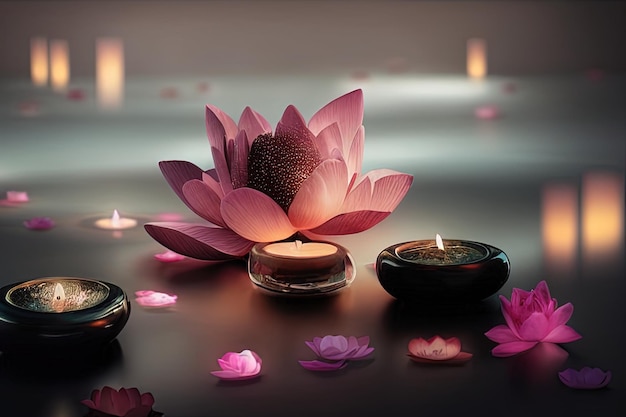 Abstract interior spa background with candles rose petals and lotuses 3D illustration Ai render