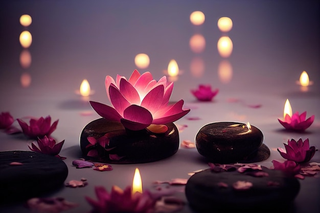 Abstract interior spa background with candles rose petals and lotuses 3D illustration Ai render