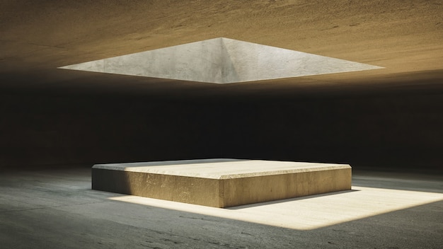 Abstract interior with concrete walls and upper window illuminating a podium