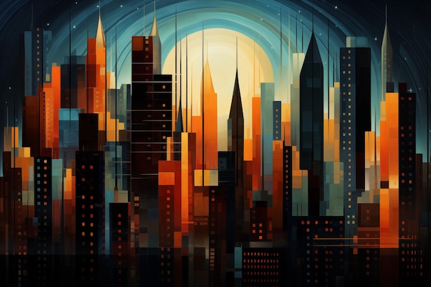 An abstract interpretation of a city skyline with buildings transformed into geometric shapes and p